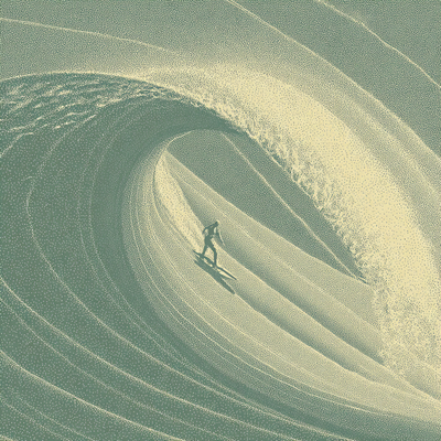 A surfer riding an enormous wave, suspended in perfect balance as the massive curl of water forms a tunnel around them, with ocean spray catching sunlight