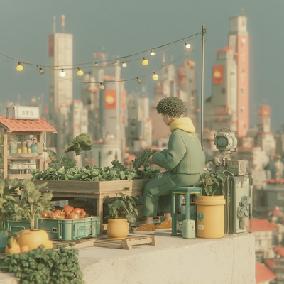 A person with curly hair tending to a lush rooftop garden in a dense cityscape, surrounded by vegetables, flowers, and string lights, with skyscrapers in the background catching sunset light