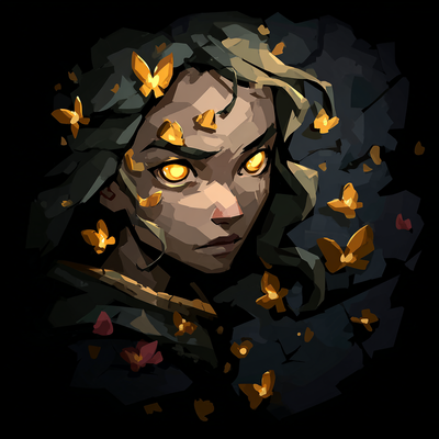A person with luminous eyes and flowing hair immersed in glowing butterflies and flower petals, half in shadow and half in golden light, with an expression of wonder