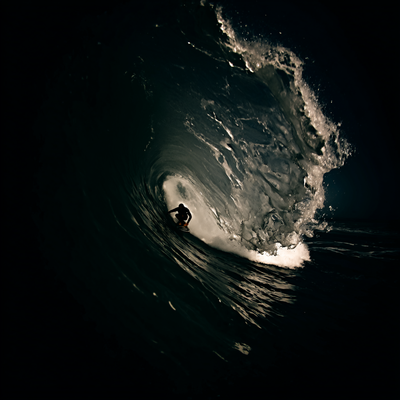 A surfer riding an enormous wave, suspended in perfect balance as the massive curl of water forms a tunnel around them, with ocean spray catching sunlight