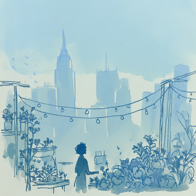 A person with curly hair tending to a lush rooftop garden in a dense cityscape, surrounded by vegetables, flowers, and string lights, with skyscrapers in the background catching sunset light
