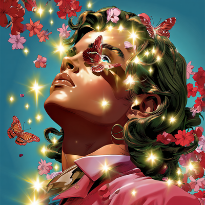 A person with luminous eyes and flowing hair immersed in glowing butterflies and flower petals, half in shadow and half in golden light, with an expression of wonder
