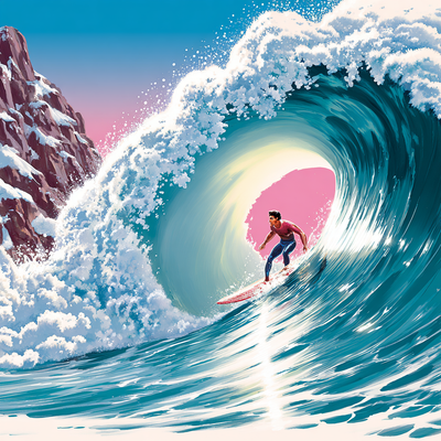 A surfer riding an enormous wave, suspended in perfect balance as the massive curl of water forms a tunnel around them, with ocean spray catching sunlight