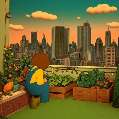 A person with curly hair tending to a lush rooftop garden in a dense cityscape, surrounded by vegetables, flowers, and string lights, with skyscrapers in the background catching sunset light