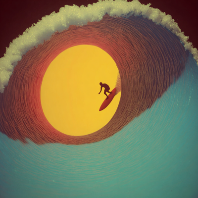 A surfer riding an enormous wave, suspended in perfect balance as the massive curl of water forms a tunnel around them, with ocean spray catching sunlight