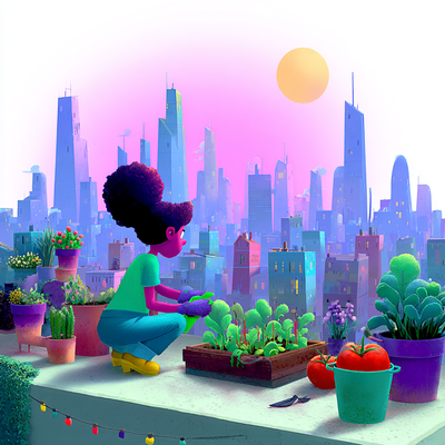 A person with curly hair tending to a lush rooftop garden in a dense cityscape, surrounded by vegetables, flowers, and string lights, with skyscrapers in the background catching sunset light