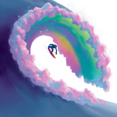 A surfer riding an enormous wave, suspended in perfect balance as the massive curl of water forms a tunnel around them, with ocean spray catching sunlight