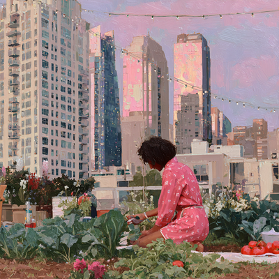 A person with curly hair tending to a lush rooftop garden in a dense cityscape, surrounded by vegetables, flowers, and string lights, with skyscrapers in the background catching sunset light