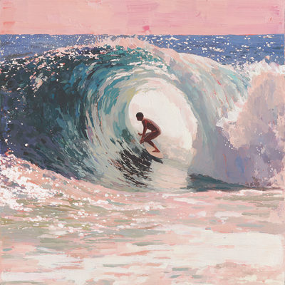 A surfer riding an enormous wave, suspended in perfect balance as the massive curl of water forms a tunnel around them, with ocean spray catching sunlight