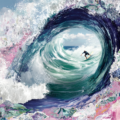 A surfer riding an enormous wave, suspended in perfect balance as the massive curl of water forms a tunnel around them, with ocean spray catching sunlight