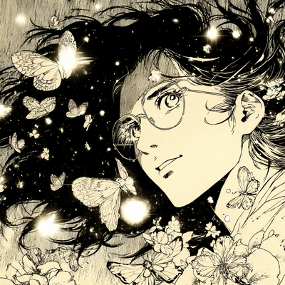 A person with luminous eyes and flowing hair immersed in glowing butterflies and flower petals, half in shadow and half in golden light, with an expression of wonder