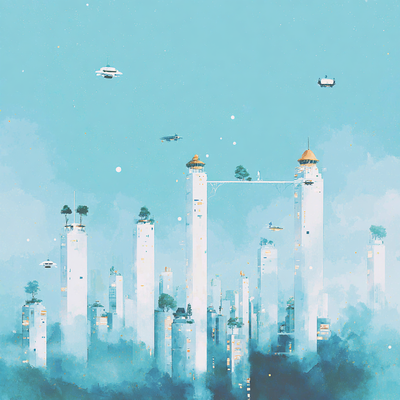 A city of impossibly tall structures with flying vehicles navigating between buildings, sky bridges connecting towers, multiple vertical levels from shadowy depths to rooftop gardens, and holographic advertisements illuminating the scene