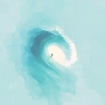 A surfer riding an enormous wave, suspended in perfect balance as the massive curl of water forms a tunnel around them, with ocean spray catching sunlight