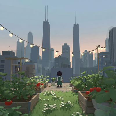 A person with curly hair tending to a lush rooftop garden in a dense cityscape, surrounded by vegetables, flowers, and string lights, with skyscrapers in the background catching sunset light