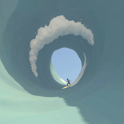 A surfer riding an enormous wave, suspended in perfect balance as the massive curl of water forms a tunnel around them, with ocean spray catching sunlight