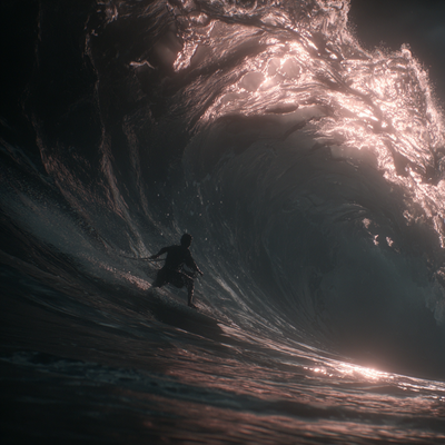 A surfer riding an enormous wave, suspended in perfect balance as the massive curl of water forms a tunnel around them, with ocean spray catching sunlight