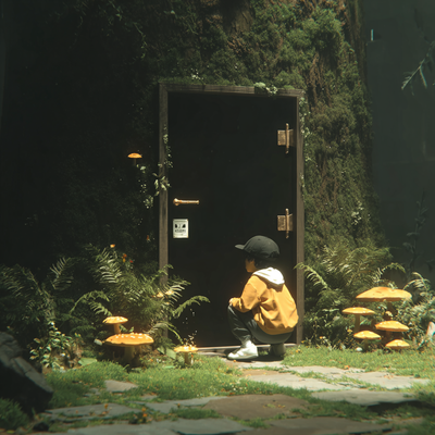 A child discovering a small hidden door built into an ancient oak tree, with ornate hinges and a tiny brass doorknob, surrounded by moss, mushrooms, and ferns in a sunlight-dappled forest