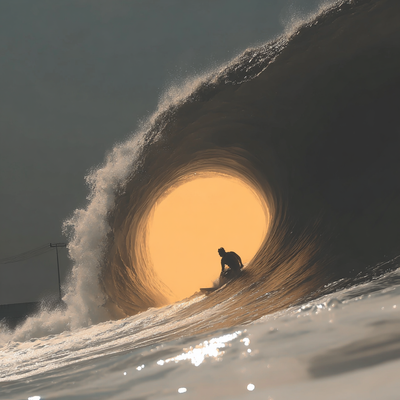 A surfer riding an enormous wave, suspended in perfect balance as the massive curl of water forms a tunnel around them, with ocean spray catching sunlight