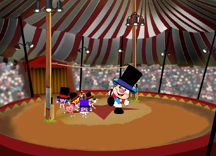 The performer shapes and puppy the circus ringmaster